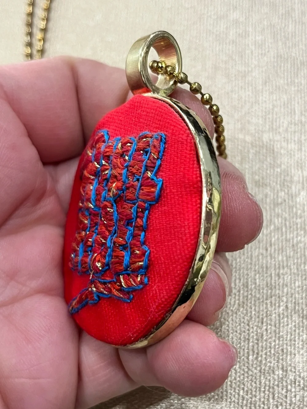 David Bowie Rebel Rebel hand embroidered thread paint pendant necklace